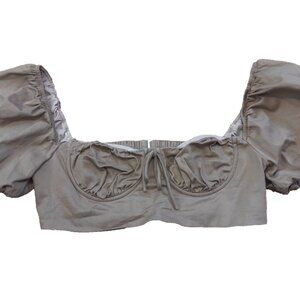 White Fox Boutique Women's Bra Puff Short Sleeve Tan Crop Top Size Large